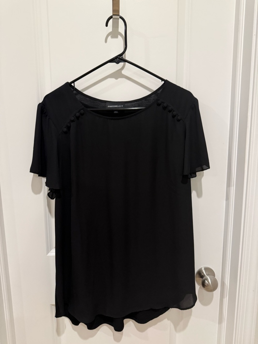 Fortune & Ivy Black Short-Sleeve Flutter Blouse with Button Detail